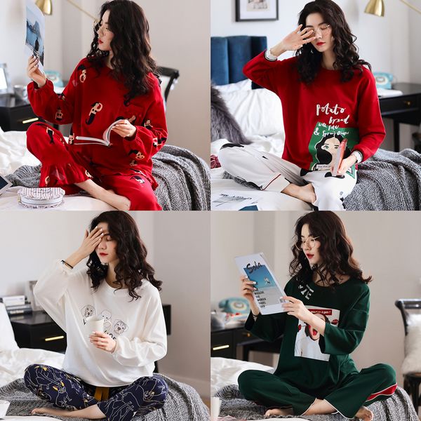 

spring and autumn ladies pajamas set cute cartoon print casual sleepwear women long sleeve comfortable homewear pyjama suit, Black;red