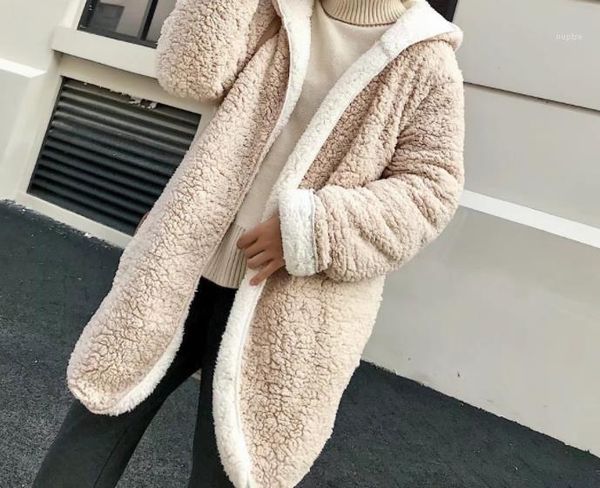 

шерстяные смеси модельер модные теплые с капюшоном обратимые длинные пальто повседневная женская одежда зима женщины ягненок, Black