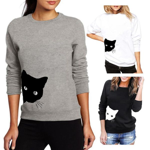 

sweatshirt leisure fashion personality cat head print loose round neck long sleeve for female, Black