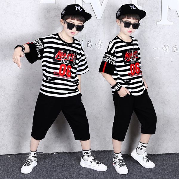 

clothing set for kids boys black street dance suits loose tshirt children short-sleeve two-piece suit casual striped t-shirt set, Black;blue