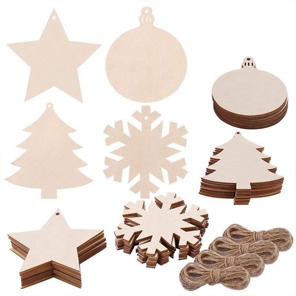 

abui-40 pieces 4 style wood slices with round wooden, snowflake, star, christmas tree cutouts and jute twine for kids crafts chr