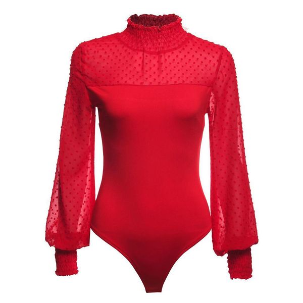 

новая мода женщины повседневная о-образным вырезом с длинным рукавом точка оборками сексуальные эластичные манжеты, боди фонарь, Black;white