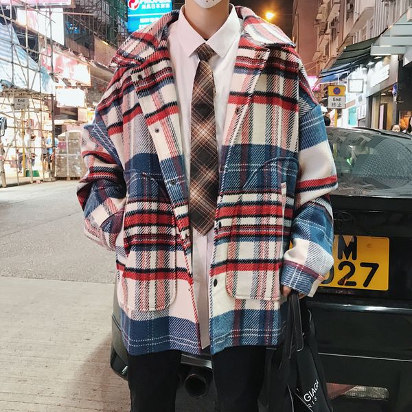 

2019 spring men's lattice printing worsted wool blends snow jacket overcoat loose cashmere cotton-padded clothes coat men s, Black