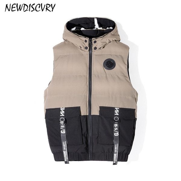 

newdiscvry men's winter stitching color vest 2018 keep warm hooded vest cotton-padded waistcoat jacket zipper sleeveless coat, Black;white