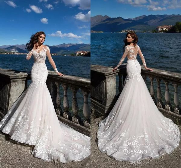

lussano последние свадебные платья кружева sheer шеи иллюзия длинные рукава аппликация свадебные платья арабский дубай развертки поезд русал, White
