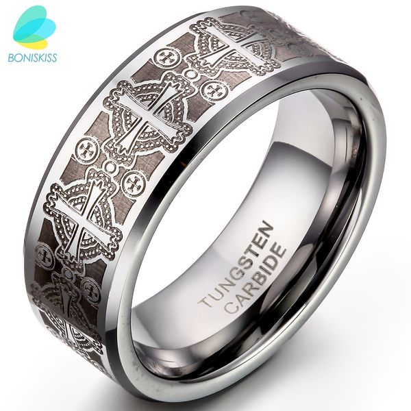 

boniskiss 8mm vintage gothic laser etched cross tungsten engagement rings for men mens jewellery anillos hombre, Golden;silver