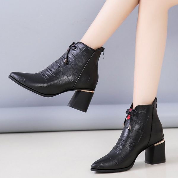 

pointy boot boots women new 2019 lace up shoes back zip winter footwear zipper booties ladies pointe rubber autumn 2020 med, Black