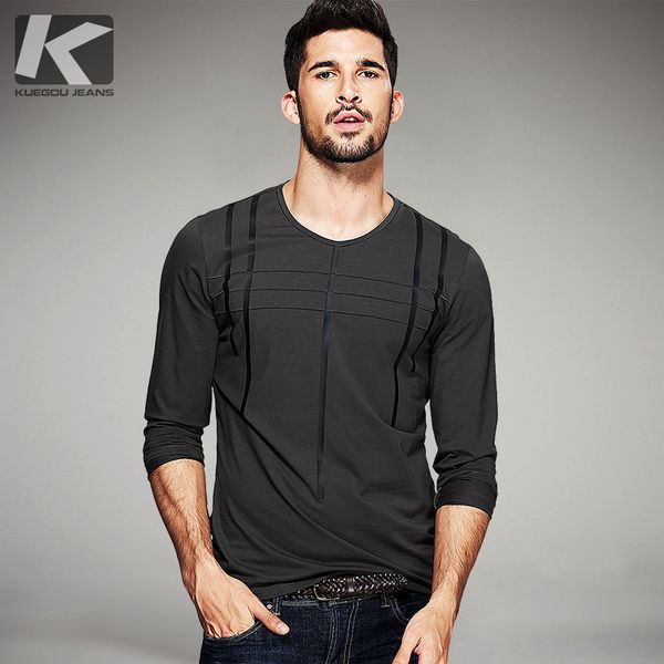 

Kuegou Autumn Mens T Shirts Striped Gray Green Black Brand Clothing For Man 'S Long Sleeve T -Shirts Slim Plus Size Tops Tees 2129