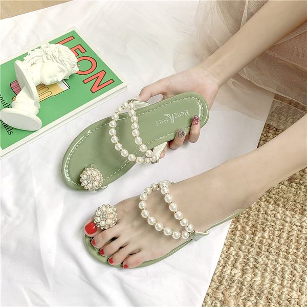 

european and american style slippers women wear 2019 summer new wild pearl fashion flat net red toe beach sandals slippers women, Black