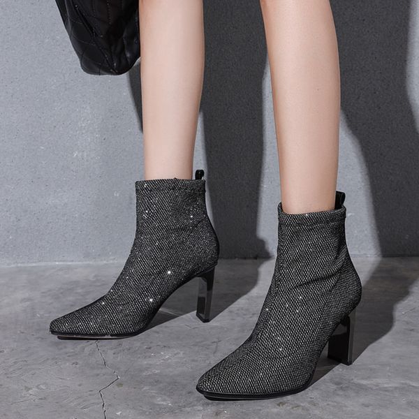 

women's fashion casual crystal socks boots stretch fabric pointed toe short ladies ankle boots high heels shoes botas mujer, Black