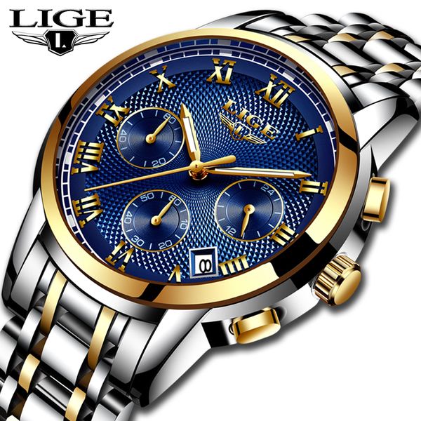 

2019 watches men lige chronograph men sports watches waterproof full steel quartz men's watch relogio masculino, Slivery;brown