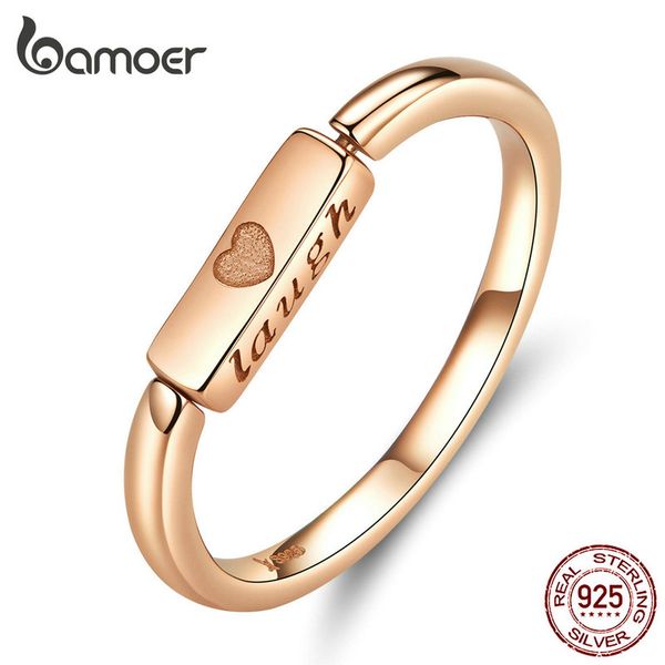 

bamoer flipping finger ring for women genuine 925 sterling silver live laugh engrave courage rings 2019 new design scr587, Golden;silver
