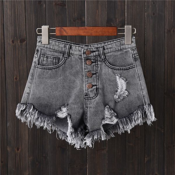 

denim shorts gray hole row buckle large size jeans female summer thin wide leg pants pants edge, Blue