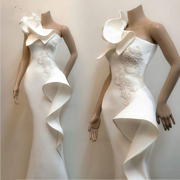 

2020 new real image elastic mermaid prom dresses one shoulder long prom gowns appliques lace ruffles vestido formatura, Black