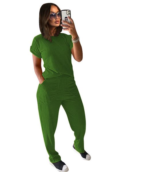 

womens solid color knit sets woman summer o-neck tshirts with long pocket pant two pices pants women casual loose suits, White