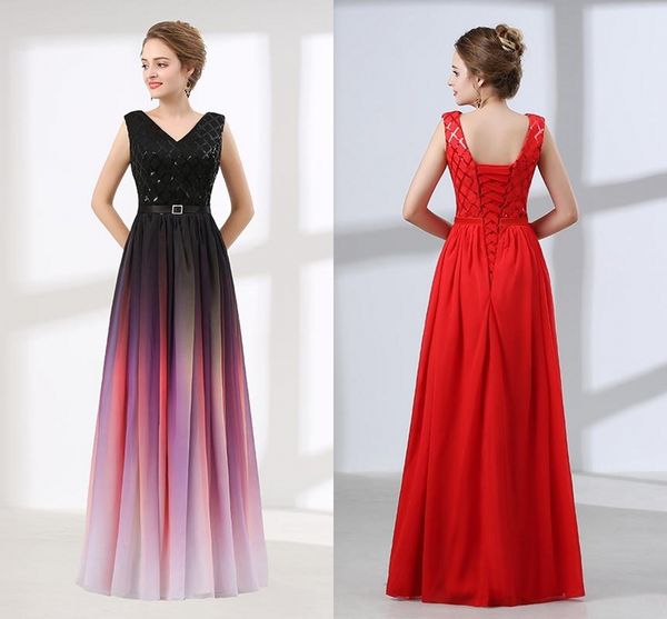 

elegant girls dresses v neck open back a line long red chiffon party formal evening dresses for women prom party gowns dh4251, Black;red