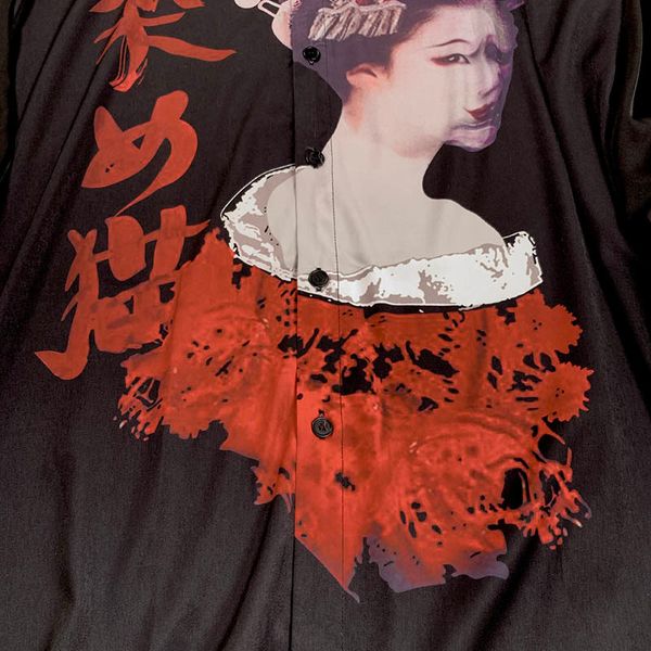 

gothic loose long quality 100% breasted real silk mens harajuku runway high single printed casual shirts fit shirt bokgs