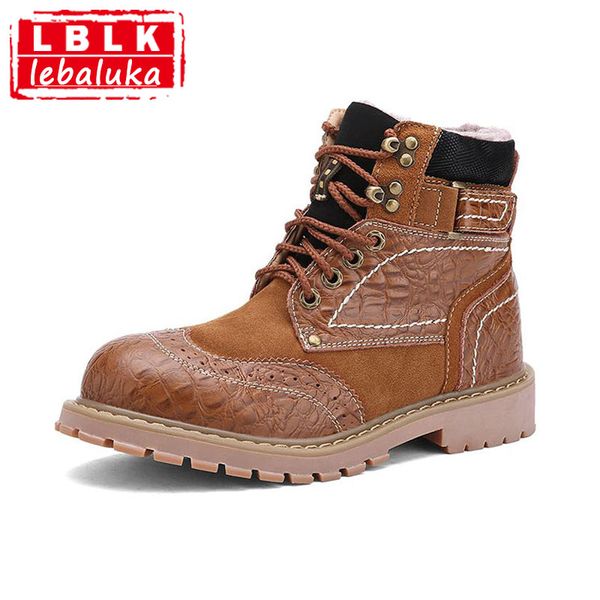 

lebaluka men genuine leather ankle boots fur lace up winter work shoes man plush fur short boots male footwear size 38-44, Black