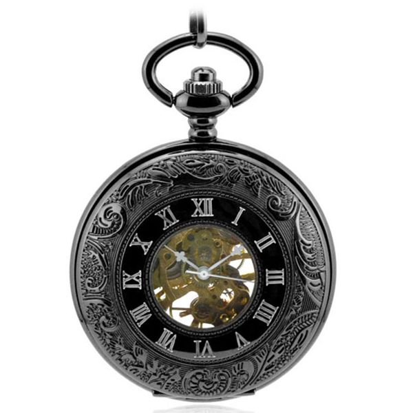 

steampunk vintage skeleton hand wind mechanical men's black roman numerals pocket men watch hollow pocket fob watch pendant, Slivery;golden