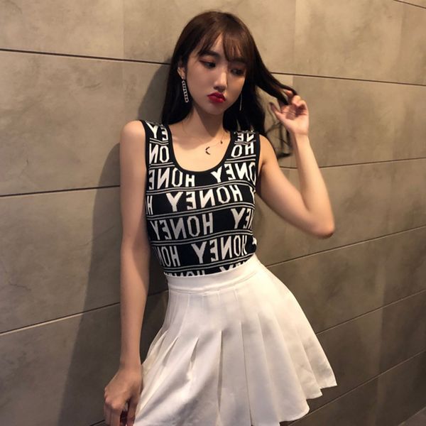 

women camisoles letter jacquard knit tank fashion o neck sleeveless vest black white