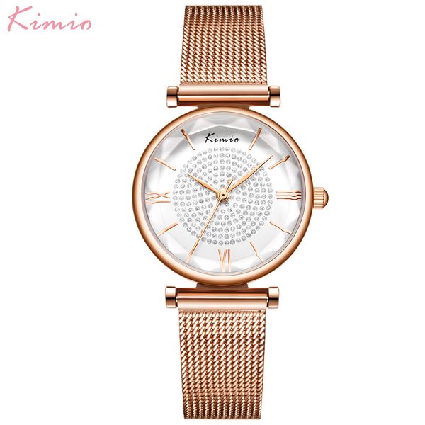 

kimio fashion women quartz wristwatch stainless steel mesh belt watch rhinestone waterproof watch, Slivery;brown