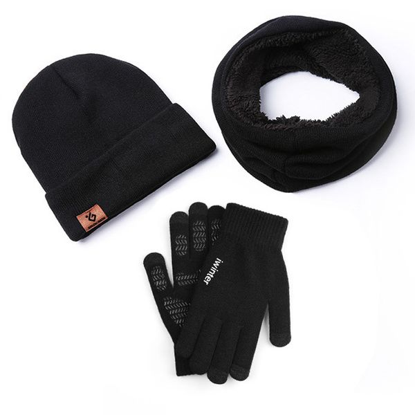

2019 velvet winter knit thermal warm hat scarf gloves three-piece set, Black