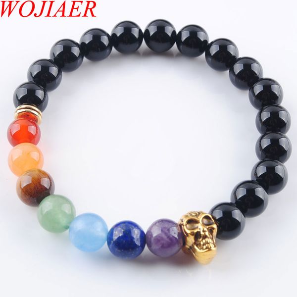 

wojiaer 8mm black quartzs stone round beads ghost head bracelets 7 chakra healing mala meditation prayer yoga women jewelry dk3231