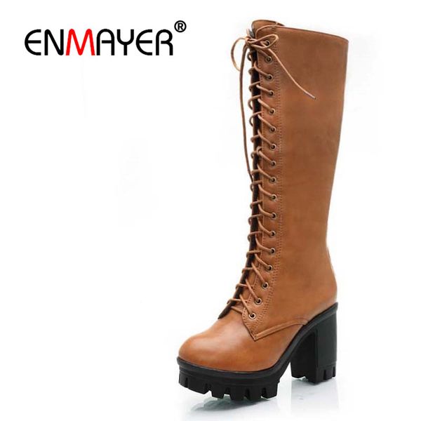 

enmayer black yellow big size 34-43 lace-up mid-calf women boots shoes new square heel high winter fashion platform pumps