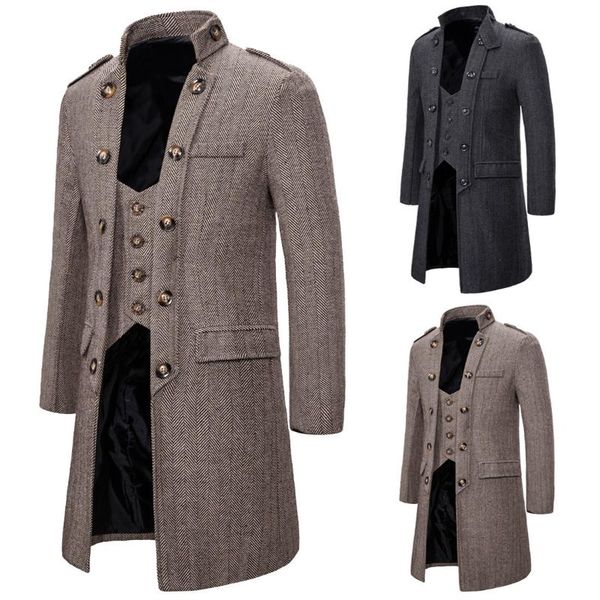

2020 new european style fashion business casual jacket in the long section of men's fake two-piece woolen men's coat trench coat, Tan;black