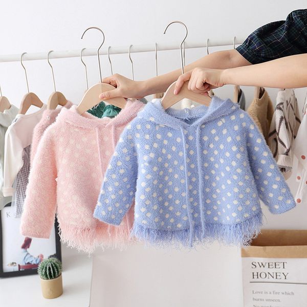 

2019 autumn winter girls kids baby sweet infants knitwear kint tassel dot polka hooded sweater outwear coat s9511, Blue