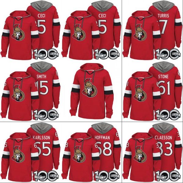 

65 erik karlsson 65 erik karlsson 100th patch hoodie 5 cody ceci 7 kyle turris 15 zack smith 33 fredrik claesson 61 mark stone mike hoffman, Black;red
