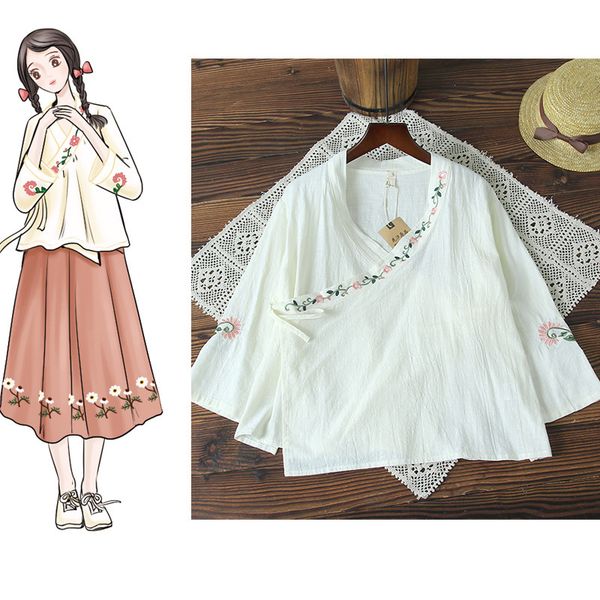 

2019 summer wear new style women's dress origional design chinese-style nation embroidered embroidery improved chinese clothing, White