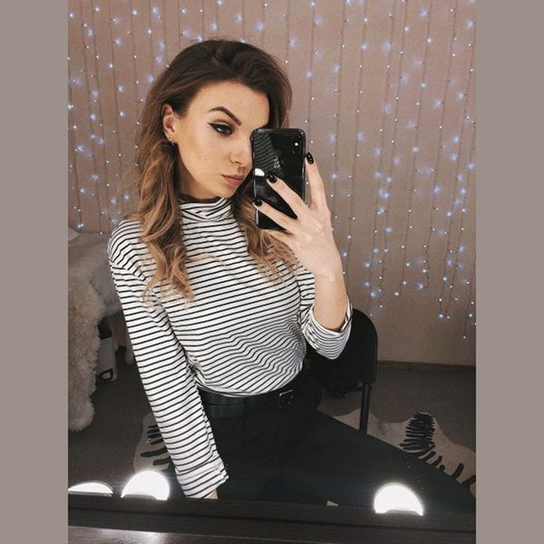 

summer women's t-shirt fashion new autumn large black and white stripe long sleeve t-shirt high neck bottoming shirt