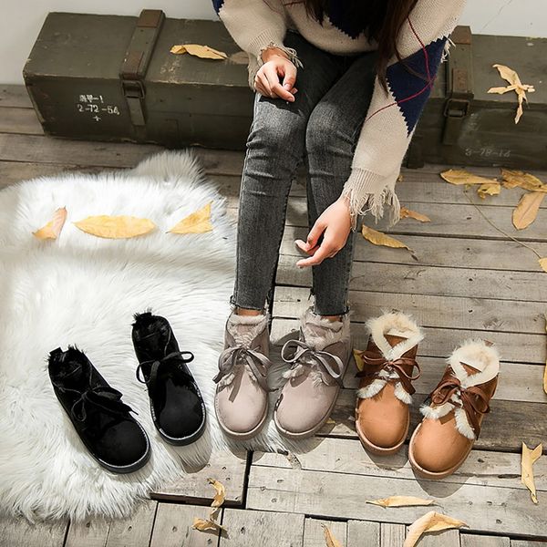 

2019 new women's boots fashion round toe flat snow boot lace up warm over edge short-plush winter coturno feminino bota femenina, Black