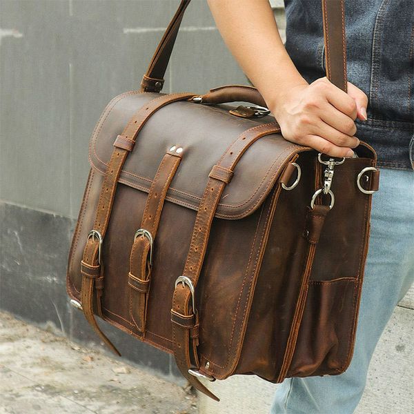 

men's genuine leather briefcase 17" real leather laptote bag cow business bag 766-7072 double layer messenger
