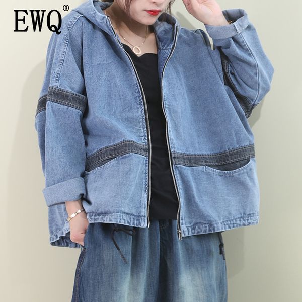 

ewq] 2020 spring summer new pattern hooded collar long sleeve denim patchwork zipper high street coat women jacket ak90805, Black;brown