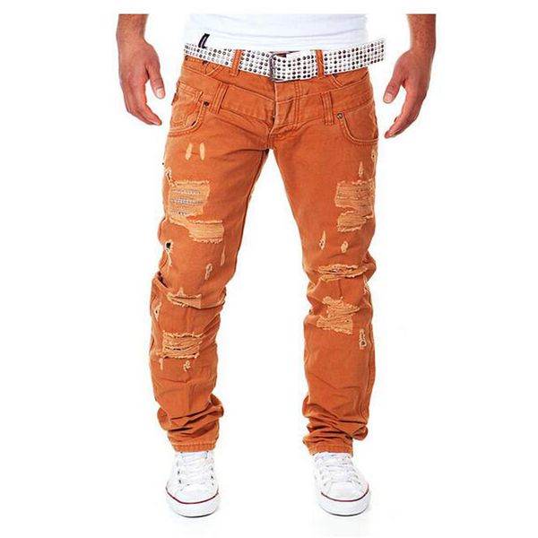 

new arrival men's fashion casual ripped long hole design cargo pants male double waist decoration overalls trousers 6 colors, Black
