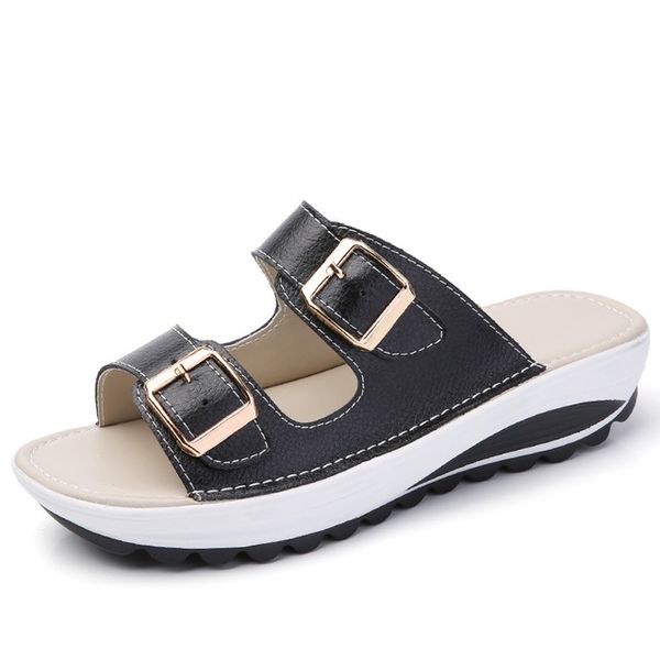 

women buckle sandals new thick leather shoes woman platform summer women bright open toe beach sandals ladies shoes, Black