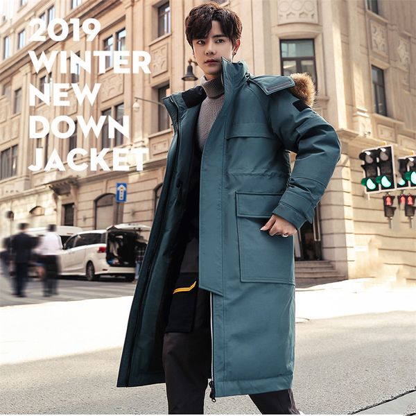 

90% white duck down jacket winter men's tooling outdoor down coat thick warm medium long raccoon hairy collar jacket jia464, Black