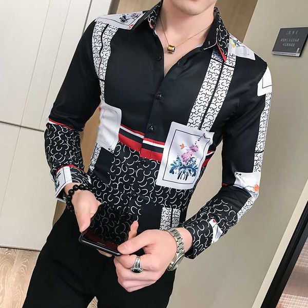 

men's casual shirts fashion 2021 latest boutique long sleeve slim fit mens patchwork flower printing party men, White;black