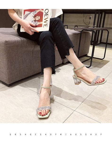 

2020 новое лето на высоких каблуках дикий ветер фея пряжки толстый каблук горный хрусталь сандалии женщин, Black