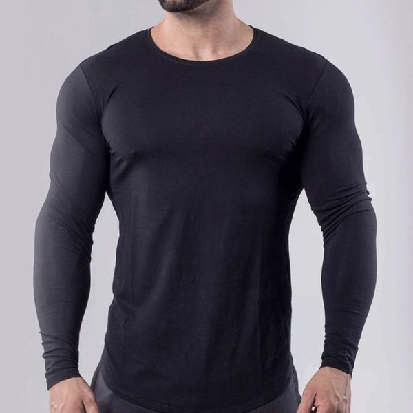 

mens t-shirt gym slim fit sport casual solid o neck long sleeve autumn winter male muscle basic tee plus size, White;black