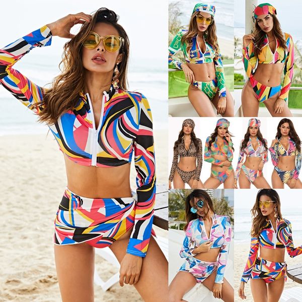 

8warg conservative printed women's split long-sleeved 3-piece conservative printed bikini women's split long-sleeved bikini swimsu, White;black