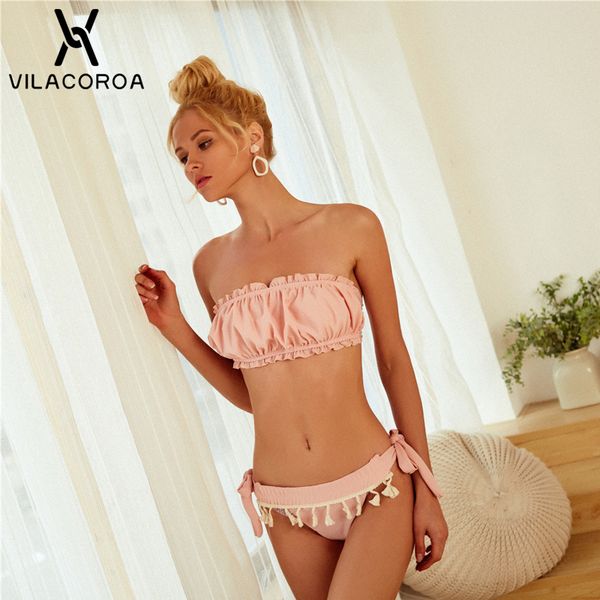 

summer pink two piece set women ruffle tube bra + low waist tassel lace-up briefs women set swimwear ensemble femme, White