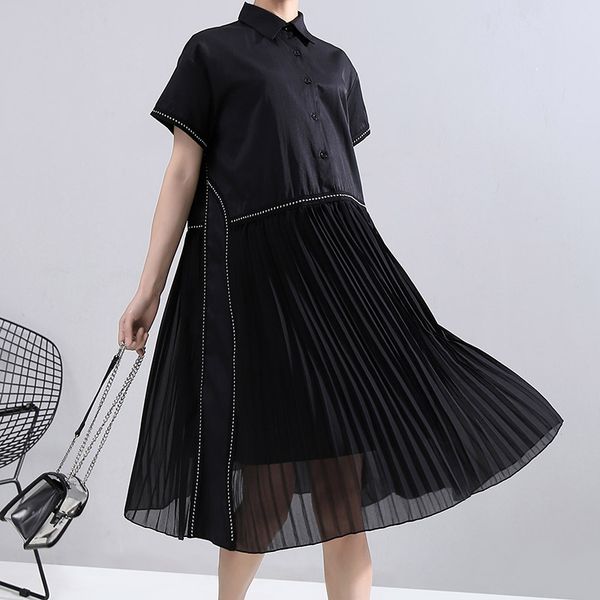 

womengaga 2020 summer new pleated dress patchwork empire casual loose turn-down collar button short sleeve japanese a264, Black;gray