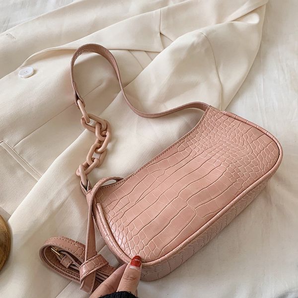 

fashion crocodile pattern baguette bags for women 2020 mini pu leather shoulder bag chain design hand bag female travel