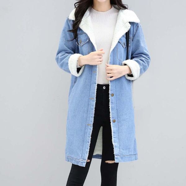 

women's jackets warm woman plus size winter blue jean jacket thicken fleece denim coat punk long outwear with fur, Black;brown