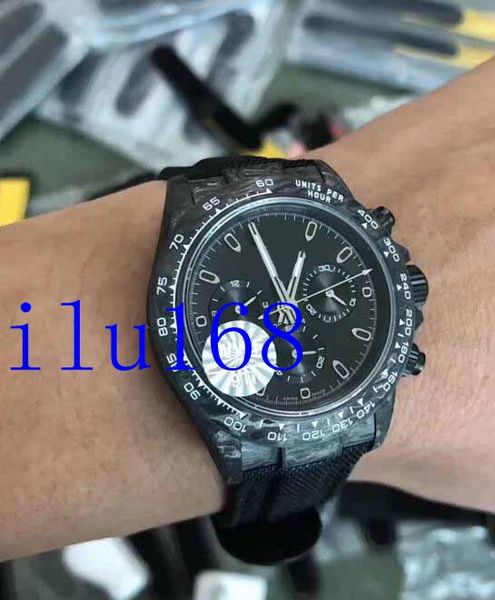 Mens Hot Selling Best Quality DIW Black Carbon FC / NY Black WWF ETA 7750 Full Forged Carbon Bezel Movimento Cronografo Orologi automatici 40mm