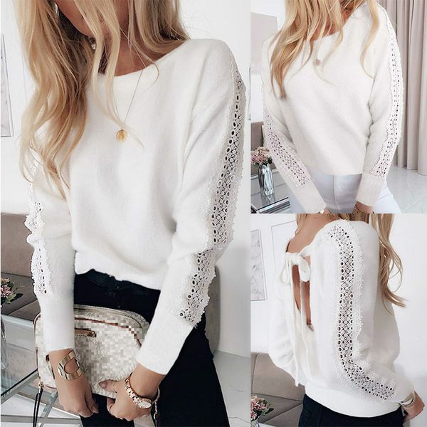 

women's blouses & shirts solid color white bow bandage backless long sleeve hollow out women blouse and shirt