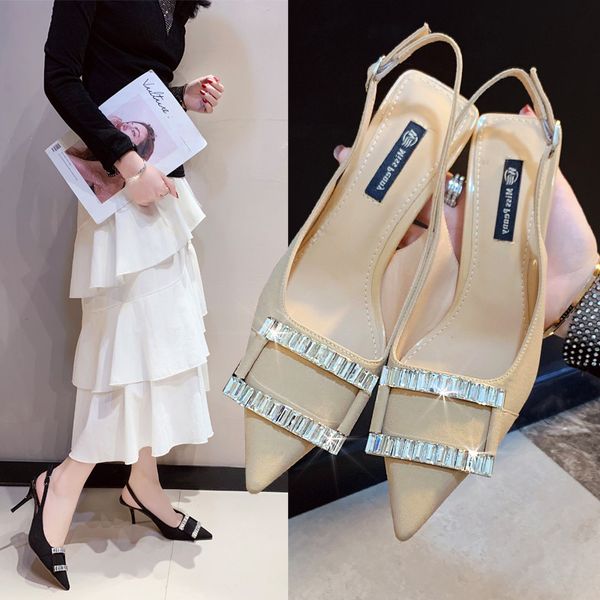

high heel sandal for women velvet shoes 2020 sandals buckle summer heels shallow mouth suit female beige heeled women's sale, Black